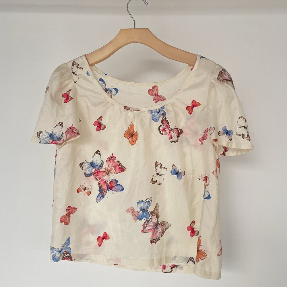 Vintage Lightweight Silk Butterfly Fairy Top Sz S/M / Flutter Sleeves Boxy